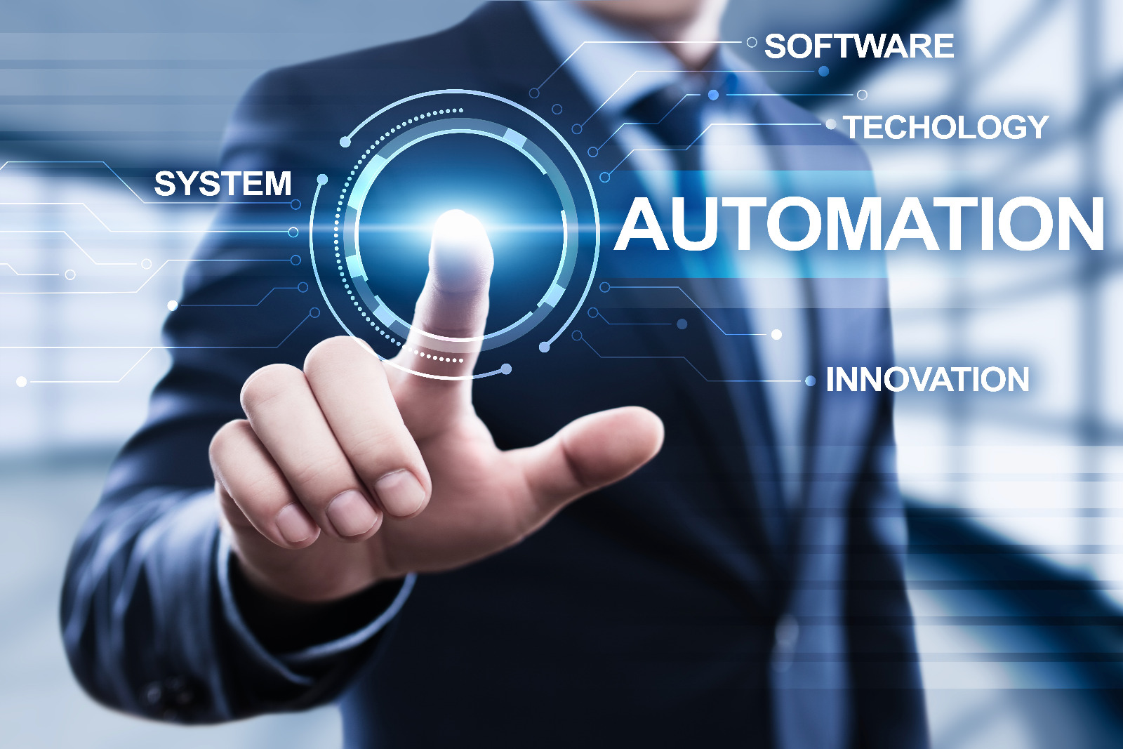 An engaging image illustrating automation services, featuring a busy tech environment where a team is actively working with automated systems. The scene shows screens displaying automation tools, and employees collaborating effectively. Bright, energetic lighting enhances motivation, with visual elements such as flow charts and digitally enhanced tools visible in the background.
