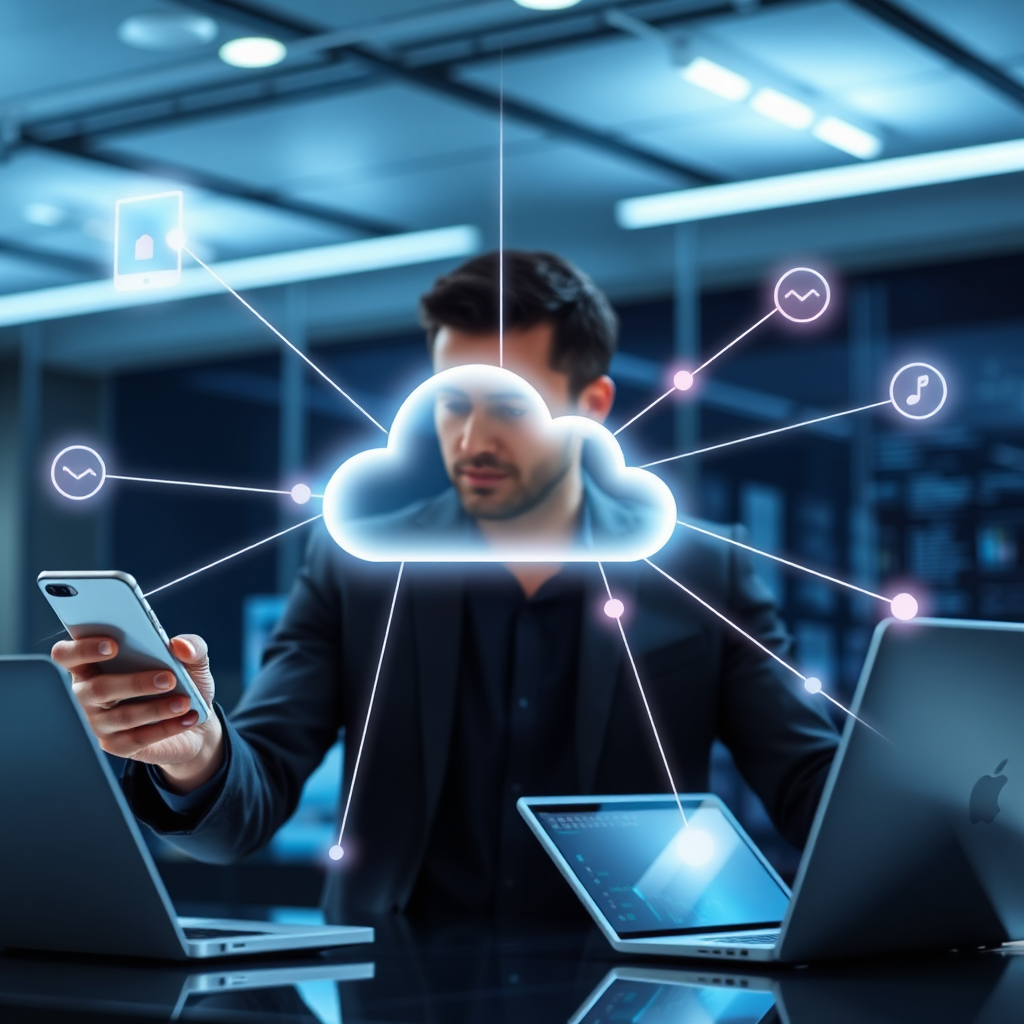 A captivating image illustrating cloud-based solutions, showing a virtual cloud connecting various devices like smartphones, laptops, and tablets. The visual should highlight the idea of seamless integration with glowing network lines. A tech-savvy professional can be seen managing data in an engaging way, set in a high-tech environment. The lighting should be modern with a focus on digital effects showcasing connectivity.