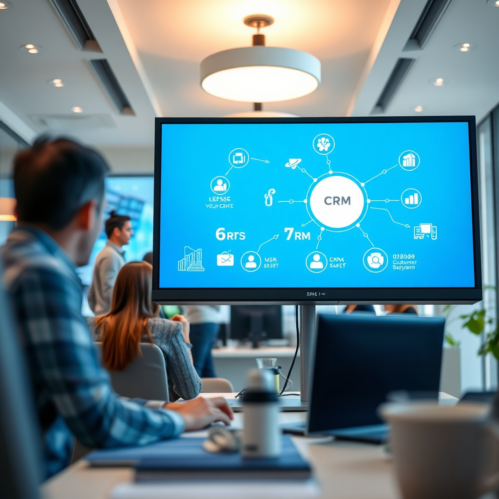 A compelling visual of a CRM integration scenario, showing a computer screen displaying connected systems with customer data flow. The setting should be a bright office with people collaborating, emphasizing teamwork in customer service. Soft lighting should create a focused atmosphere, while the color palette includes classic corporate colors like blue and gray. Camera angle is downward, capturing the teamwork and technology focus, along with intricate textures on screens and furniture. This image should encapsulate the ease of integration and teamwork.
