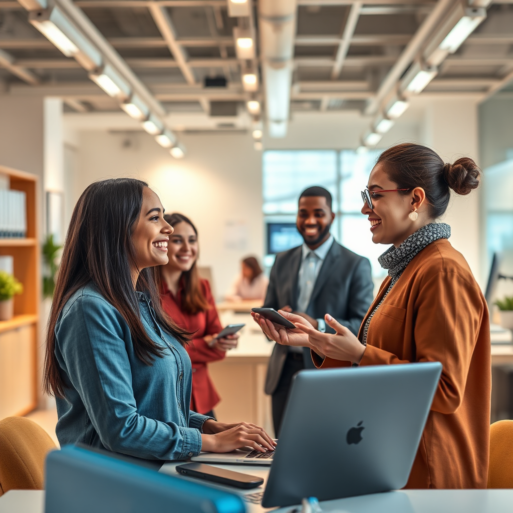 A creative visual of enhanced communication in a customer service environment using AI. This image should showcase diverse representatives interacting fluently with customers, supported by AI tools. The workplace should be bright and inviting, showcasing modern technology that fosters communication. The color palette should be cheerful, with warm and cool tones. The camera angle can be slightly angled from above, capturing engagement and interaction with emphasis on expressions and digital interfaces.