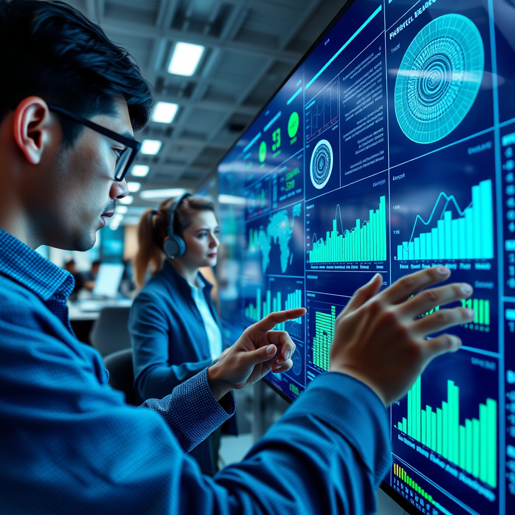 A detailed image visualizing the analytical capabilities of AI in understanding customer behavior. This should illustrate a comprehensive data dashboard with graphs and metrics displayed prominently, indicating trends and insights. The environment should be a sleek, high-tech office filled with engaged employees reviewing data. The lighting should be bright and analytical, with a color palette centered on blues and greens, emphasizing clarity. The camera angle should focus closely on the data, showcasing intricate screen details and textures to enhance the theme of insight.
