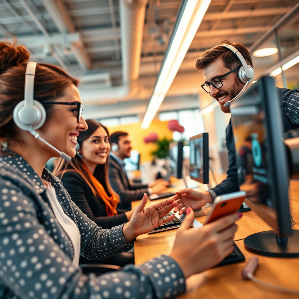 A dynamic image depicting effective customer service solutions in action. This should portray customer service agents effectively responding to queries while utilizing AI technologies. A lively office environment should foster interaction, utilizing warm lighting and a cheerful color palette. The camera angle should be at eye level to capture expressions of staff and customers, highlighting the engagement with technology. This visual should emphasize the collaborative nature of modern customer service.