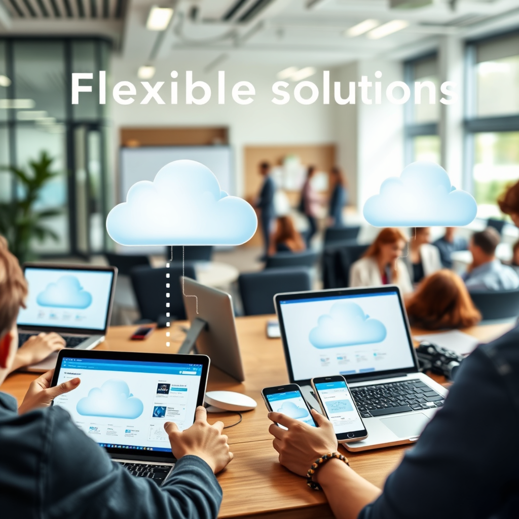 A dynamic image representing flexible cloud solutions, featuring various devices interconnected, including laptops and smartphones displaying the cloud interfaces. The setting should depict a diverse group of users accessing the software in different environments, such as offices and remote areas. Bright, natural lighting with hints of technology enhances the versatility of the solutions offered.