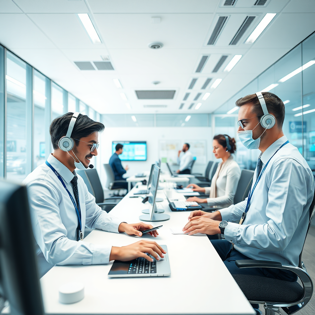 A high-quality image showcasing a seamless customer service operation powered by AI. This should include representatives using advanced technology, interacting comfortably with clients. The environment should be modern with elements like digital dashboards and seamless communication tools. Bright, neutral lighting should highlight the technological aspect, and the color scheme should be professional, including whites, blues, and greens. The camera angle should provide an overview, displaying texture in technological elements and various interactions. High-resolution captures to emphasize clarity and modernity.