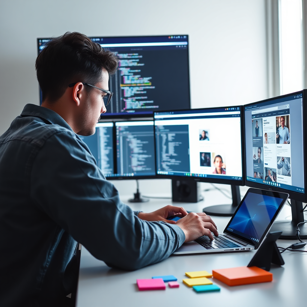 A modern and sleek image representing fast website development, showcasing a developer at work on a laptop with multiple screens open displaying code and website designs. The lighting is bright with a focus on the screens, casting a soft glow on the developer. Colorful sticky notes and a digital tablet on the desk emphasize creativity. The scene should feel dynamic and productive, showcasing the hustle of web development.