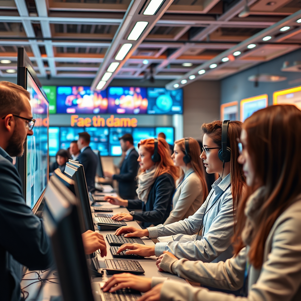 A photorealistic image capturing the essence of 'Fremtidens kundesenter'. The focus should be on a busy customer service center featuring AI technology, with diverse representatives assisting clients using AI-driven tools. The environment should be vibrant and dynamic, showcasing both digital screens and human interaction to emphasize the partnership between technology and people. The lighting should be warm to create an inviting atmosphere. Color palette should include bright and modern hues, enhancing the sense of innovation. Camera angle should provide a broad view of the entire center, with texture details highlighting digital interfaces and human expressions. The style should be modern with 4K resolution to ensure high quality.
