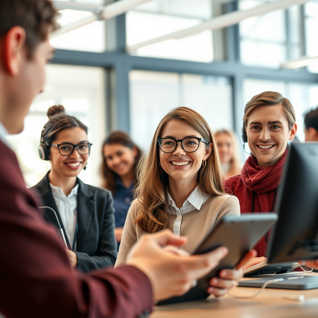 A photorealistic image reflecting high customer satisfaction rates in a modern customer service environment. This image should feature happy customers and customer service representatives engaged in positive interactions with AI tools at play. The setting should promote optimism and professionalism, with bright lighting and warm tones to evoke comfort. The camera angle can be at eye level, capturing the details of human expressions and smooth technology interaction, ensuring to show textures that emphasize the modern environment.