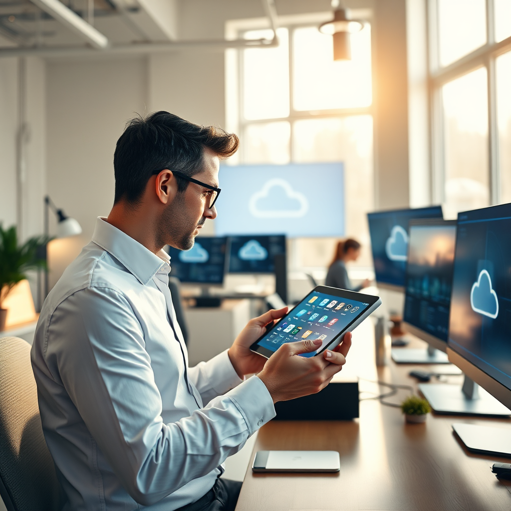 A photorealistic image representing the essence of 'We are helping our customer with Automate their working process, fast website developing, deliver customized Cloud based solutions, also our own cloud SW modules'. The image shows a busy tech workspace with a focus on a consultant interacting with a digital interface on a tablet, surrounded by screens displaying cloud solutions. The composition features a bright, airy room with soft, natural light streaming through large windows, creating a warm and welcoming atmosphere. Props might include computers, cloud icons projected on screens, and collaborative tools. Style references include modern minimalist design. Technical specs: 4K resolution, high quality.