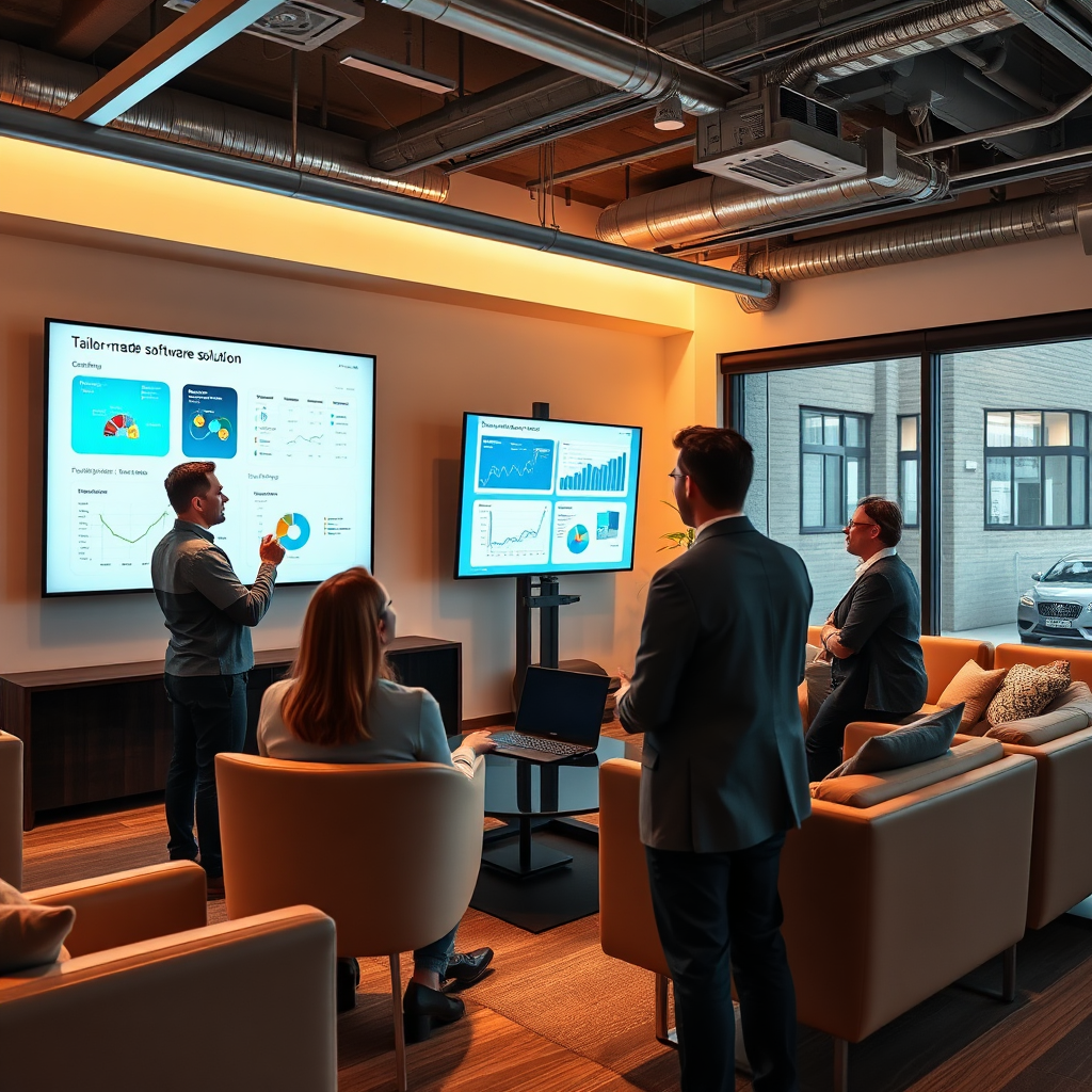 A photorealistic image showcasing a tailor-made software solution being demoed to a client. An IT consultant explains features on a large screen, with visual elements like dashboards and analytics. The room has a professional ambiance with sleek furniture and technology, surrounded by collaborative team members engaging in discussion. Warm lighting emphasizes a friendly yet business-oriented atmosphere. Style references reflect corporate professionalism.