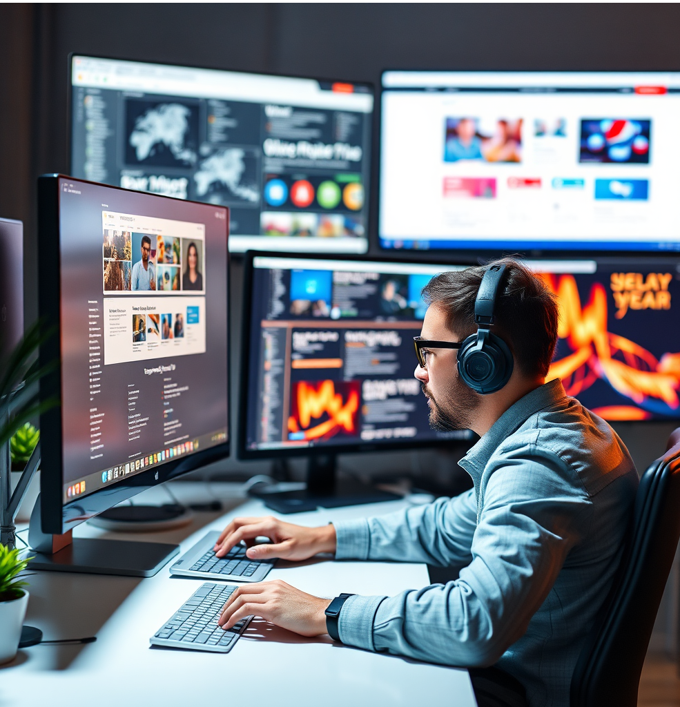 A sleek image depicting website development services in action, highlighting a developer focused on coding a website. The composition can show multiple screens showcasing different stages of website design, with tools, wireframes, and vibrant graphics elevating the workspace ambiance. The lighting conveys a sense of excitement and innovation.
