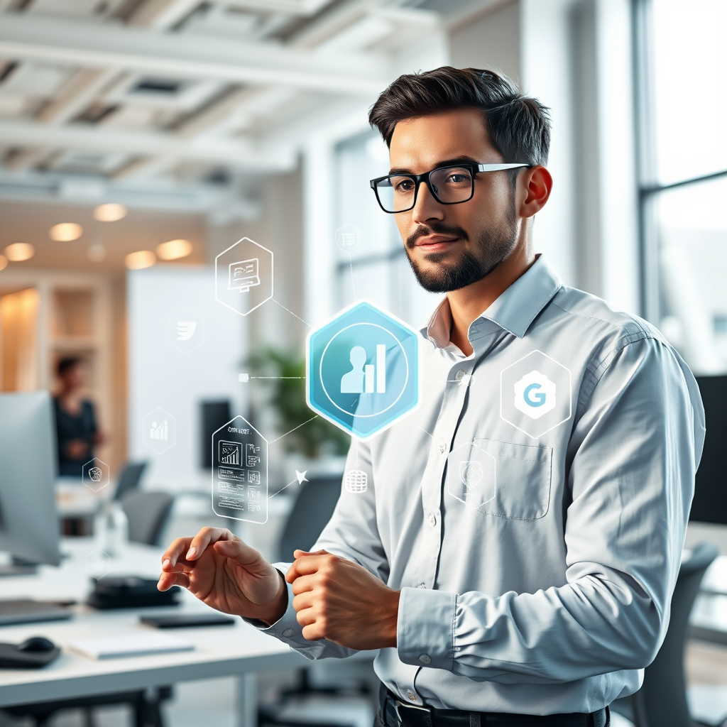 A striking image portraying system integration with AI technology. The visual should show a tech-savvy professional connecting various systems with digital interfaces, surrounded by animated graphics representing data flow and connectivity. The office setting should be modern with ample light and an organized workspace. The colors should include professional tones, predominantly white and light grey, enhancing a sense of efficiency. The camera angle should focus on the point of integration, emphasizing technology interface interactions.