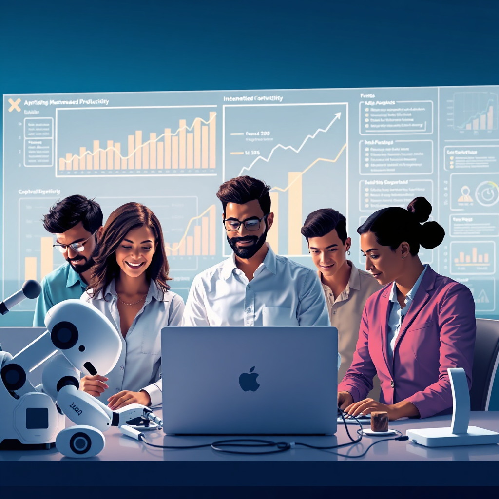 A stylized image illustrating the automation of work processes, depicting a diverse team of professionals using automated tools. The composition should show charts and graphs indicating increased productivity, with a background of a digital interface where workflows are highlighted. Soft, optimistic lighting creates an inspiring environment. Props may include robotics, laptops, and workflow diagrams. The style is modern and dynamic, promoting technological advancement.