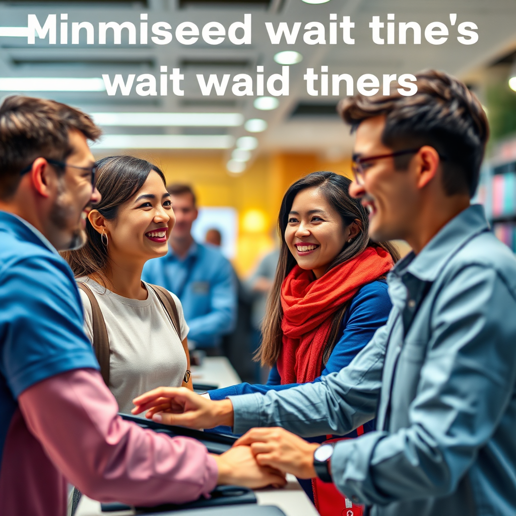 A vibrant image depicting a customer service scenario with minimized wait times, showing satisfied customers receiving immediate assistance from AI-driven solutions. The environment should be welcoming, with engaging staff helping customers efficiently. Bright, inviting lighting should illuminate the space, showcasing a variety of colors that evoke warmth. The camera angle should capture the interaction clearly, focusing on expressions and responsiveness, enhancing the feel of immediate service.