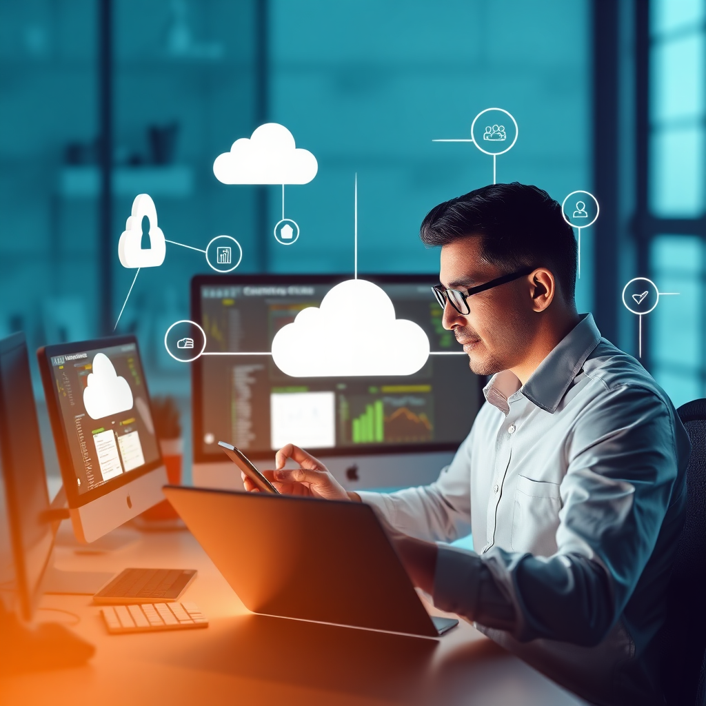 A vibrant image representing cloud-based solutions, featuring interconnected devices such as computers and tablets. A tech professional is shown analyzing data on the screens, surrounded by icons representing cloud functionality. Soft, dynamic lighting creates an inviting and professional atmosphere with a strong tech visual appeal.