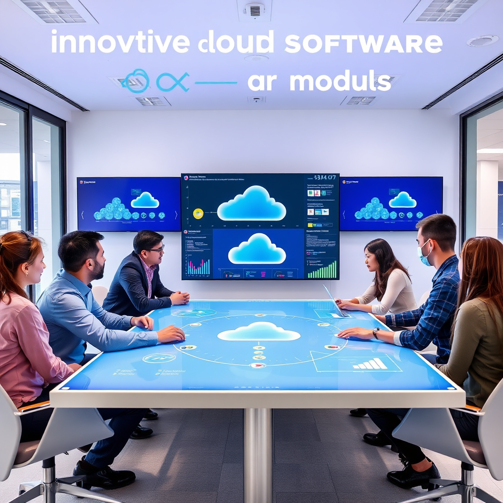 A visually appealing image showcasing innovative cloud software modules, depicting a diverse team of employees brainstorming around a digital table displaying cloud software solutions. The room is well-lit, with screens showing interactive graphs and cloud functionalities. Bright colors should reflect creativity and teamwork while showcasing a modern office atmosphere.