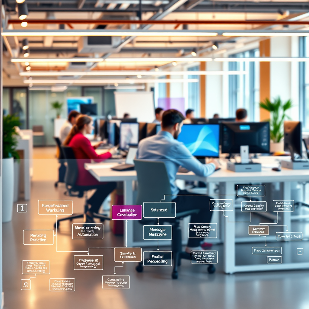 A visually engaging image depicting the concept of enhanced workflow through automation. A flowchart can be illustrated in the foreground with vibrant colors, while a team works efficiently in the background with technology enhancing their collaboration. The environment is a contemporary office setting with modern decor and tech-enhanced workstations. Bright, inviting lighting gives a sense of innovation and creativity.