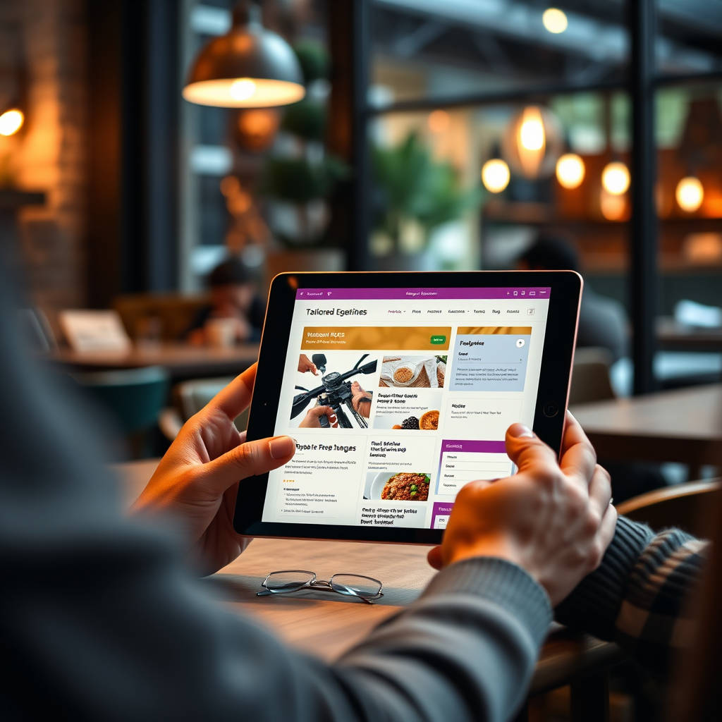 An engaging image reflecting a tailored website experience, showcasing a user interacting with a beautifully designed website on a tablet. The setting could be a cozy café with warm, ambient lighting. Elements such as coffee cups, digital interface designs, and feedback forms should enhance the atmosphere. The colors should be inviting with a focus on the tablet screen to emphasize user engagement.