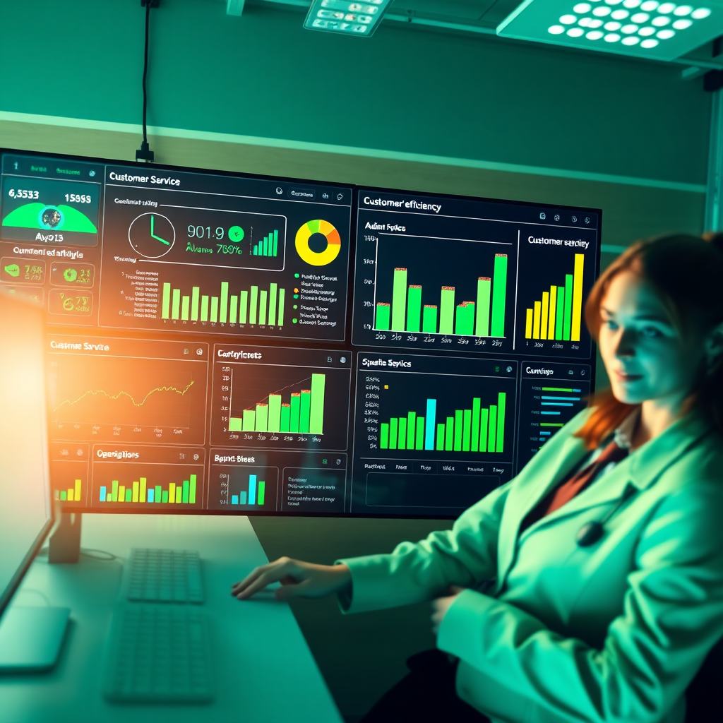 An engaging visual representation of resource optimization in customer service. The image should show a dashboard with analytics on operational efficiency, alongside customer service agents working confidently. The setting should be modern and sleek, featuring digital screens and interactive tools. The lighting should be bright, signifying productivity, with a color palette that includes greens and blues to symbolize growth and stability. A bird's eye camera angle captures all activities, enhancing the textures of the workplace and focusing on data displays.