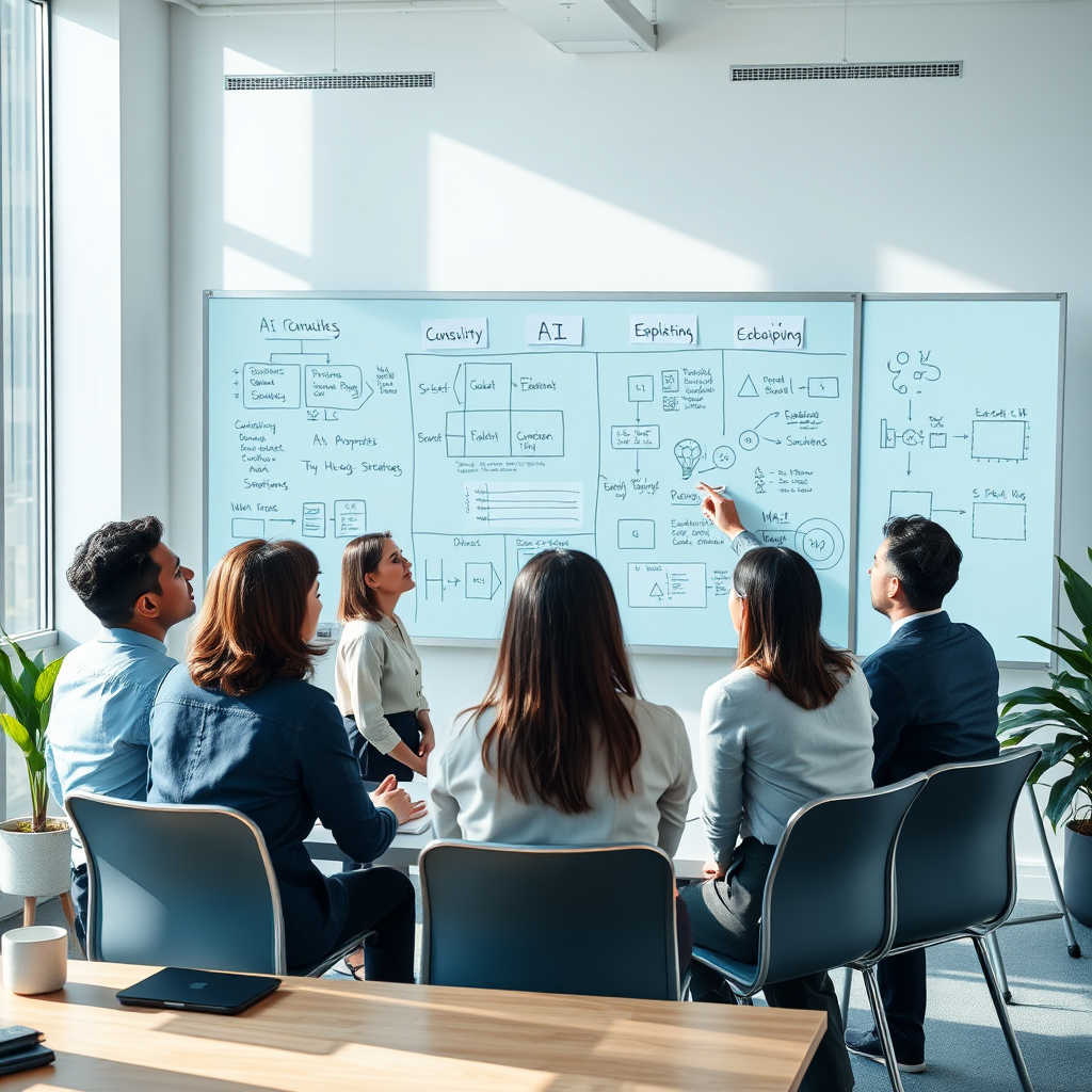 An informative image showcasing an AI consulting session. This should feature a diverse group of business professionals discussing AI strategies, with digital whiteboards displaying ideas and diagrams. A bright, professional office backdrop with natural lighting helps foster collaboration. The color palette should include energetic tones like blues and greys that signify clarity and focus. The camera angle can be slightly elevated, allowing a broad view of the collaboration, capturing details of interactions and technology used.