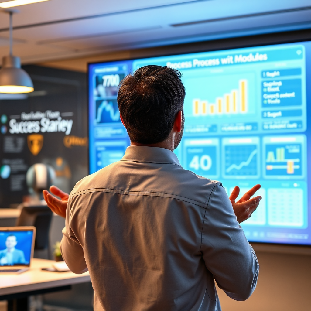 An inspiring image demonstrating process optimization with cloud software modules. A consultant is presenting the modules on a bright, futuristic screen, with graphs and success stories visible in the background. The atmosphere is one of enthusiasm, innovation, and technology. The lighting is bright, highlighting the digital interface and engaging visuals.