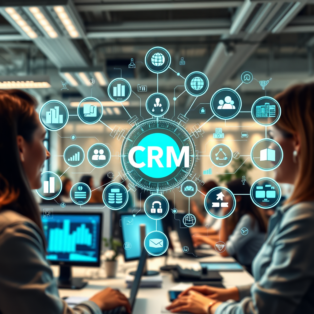 An inspiring image representing seamless integration of AI with CRM systems. The focus should be on a complex digital interface showing various interconnected CRM solutions with AI-powered data analytics. The background should depict a vibrant office filled with engaged employees. Soft, bright lighting should illuminate the technology, while the color palette features a tech-inspired scheme, with blues, whites, and greens. The camera angle should emphasize the interaction between humans and technology, revealing textures in the office and screens to enhance realism.