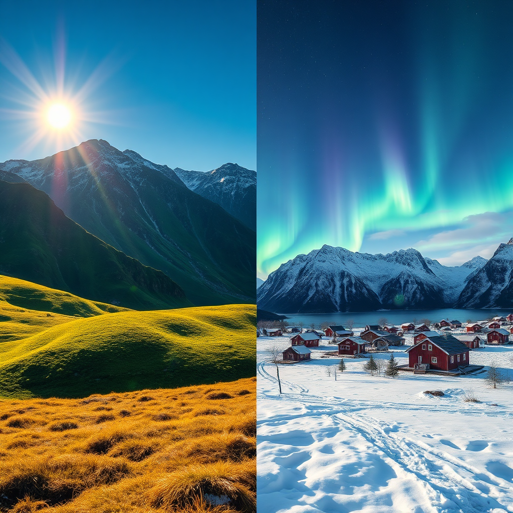 Convey a vibrant image representing the changing seasons in Northern Norway. Split the scene into sections showing the stunning contrasts of summer and winter: lush green hills in the summer glowing under the midnight sun on one side, and snow-covered landscapes with the northern lights on the other. This diverse depiction captures the essence of Tromsø to Lofoten across different climates. Use striking colors and dynamic lighting to highlight the vibrancy of both seasons, aiming for an ultra-detailed 8K resolution image.