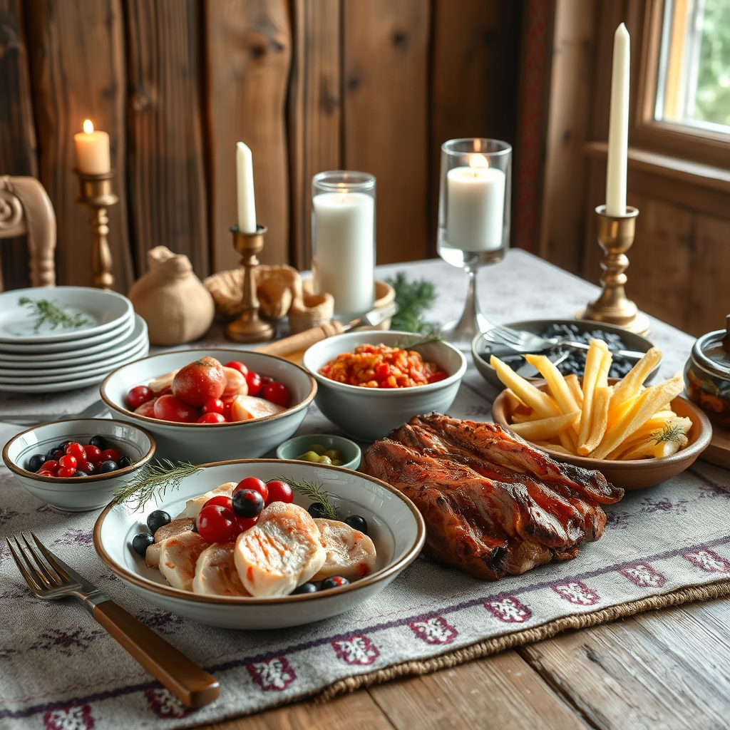 Create an appetizing image of a traditional Norwegian feast featuring local cuisine. The scene should display beautifully plated dishes such as fresh fish, cloudberries, and reindeer meat against a rustic wooden backdrop. Soft, natural lighting enhances the colors and textures of the food, while hints of traditional decor, like a patterned tablecloth or candles, add authenticity. The focus is on hyperrealistic details that evoke the aroma and appeal of Norwegian culinary delights, presented in stunning 8K quality.