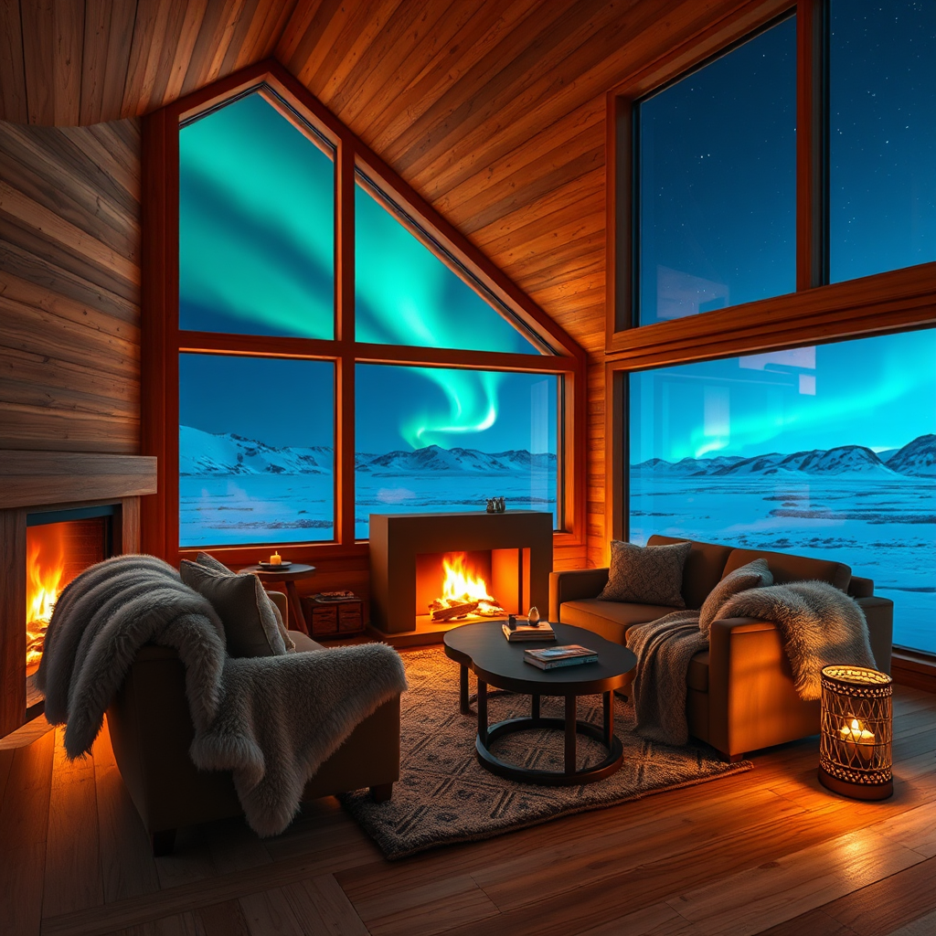 Depict a luxurious Arctic cabin, complete with high-end furnishings, large windows framing the stunning landscape outside, and a warm fire crackling. The scene should radiate comfort, with plush blankets draped over elegant seating. Outside the window, the Northern Lights may be faintly visible in the starry night sky. Rich wood tones and soft lighting should create an inviting atmosphere, showcasing a perfect escape after a day of exploration. This photorealistic image should invite viewers to visualize themselves unwinding in this cozy haven, capturing the essence of luxury in the Arctic.