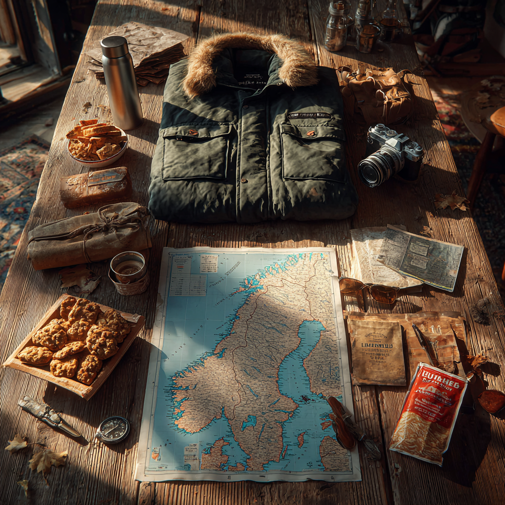 Illustrate an inviting image depicting travel essentials laid out for a trip from Tromsø to Lofoten. The scene captures a well-planned travel setup, with a detailed map of Norway, compass, camera, and warm clothing on a wooden table. The lighting is natural, casting gentle shadows that enhance the textures of the table. Elements like traditional Norwegian snacks and a thermos add personal touches, inviting viewers to imagine their own adventure. Aim for a cozy, homely feel in this hyperrealistic portrayal, rendered in high definition. No text in image.