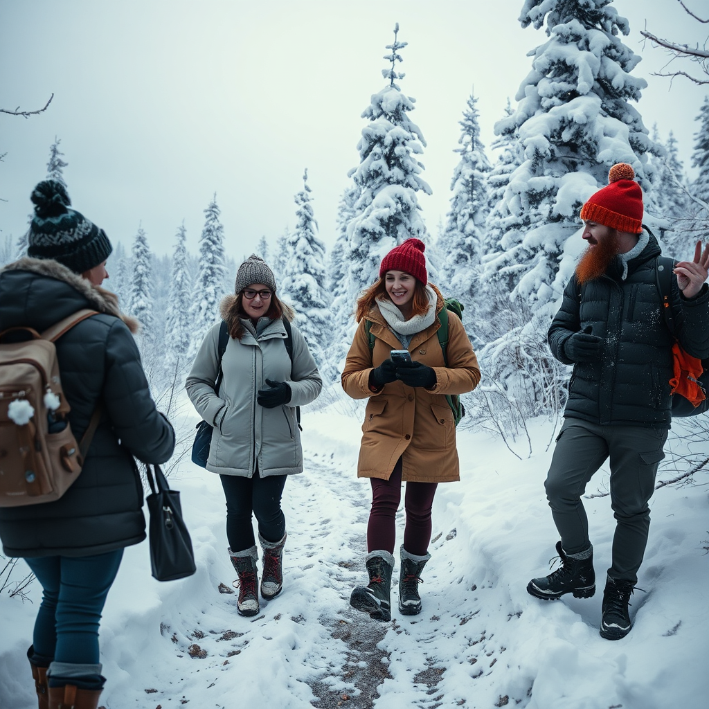 Visualize an intimate guided tour through snowy landscapes, with knowledgeable guides sharing stories about the local culture and wildlife. The composition should feature tourists walking along a trail, with the snow crunching beneath their boots, surrounded by snow-draped trees. Soft, diffused lighting adds a touch of warmth to the chilly ambiance, while each participant is captured in joyful engagement. Incorporate elements that showcase local flora and fauna, highlighting Tromsø’s rich biodiversity. Aim for photorealism to create an inviting scene, drawing viewers into this unforgettable experience.