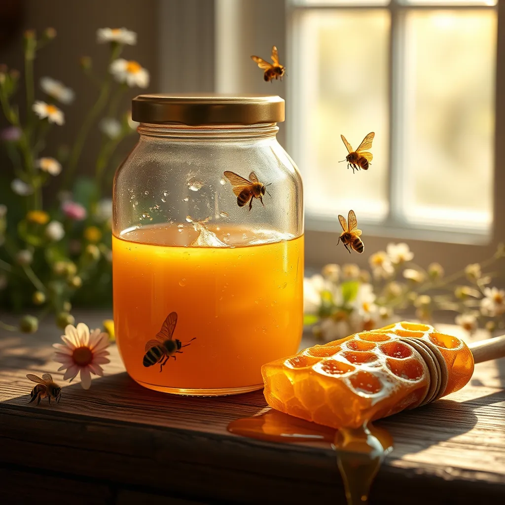 A beautifully arranged jar of raw organic honey sitting on a rustic wooden table, sunlight streaming through a nearby window creating soft diffused lighting. The jar has a golden hue, showcasing the honey's rich texture, accentuated by tiny bubbles on its surface. Butterflies and bees are gently hovering around the jar, enhancing the organic feel. A piece of honeycomb lies beside the jar, dripping with fresh honey, adding depth to the composition. The background features wildflowers and greenery, creating a serene atmosphere. Shot from a slightly elevated angle to capture the details of the honey and floral elements, in stunning 8K resolution, hyperrealistic style, emphasizing the texture of honey and the serenity of nature.