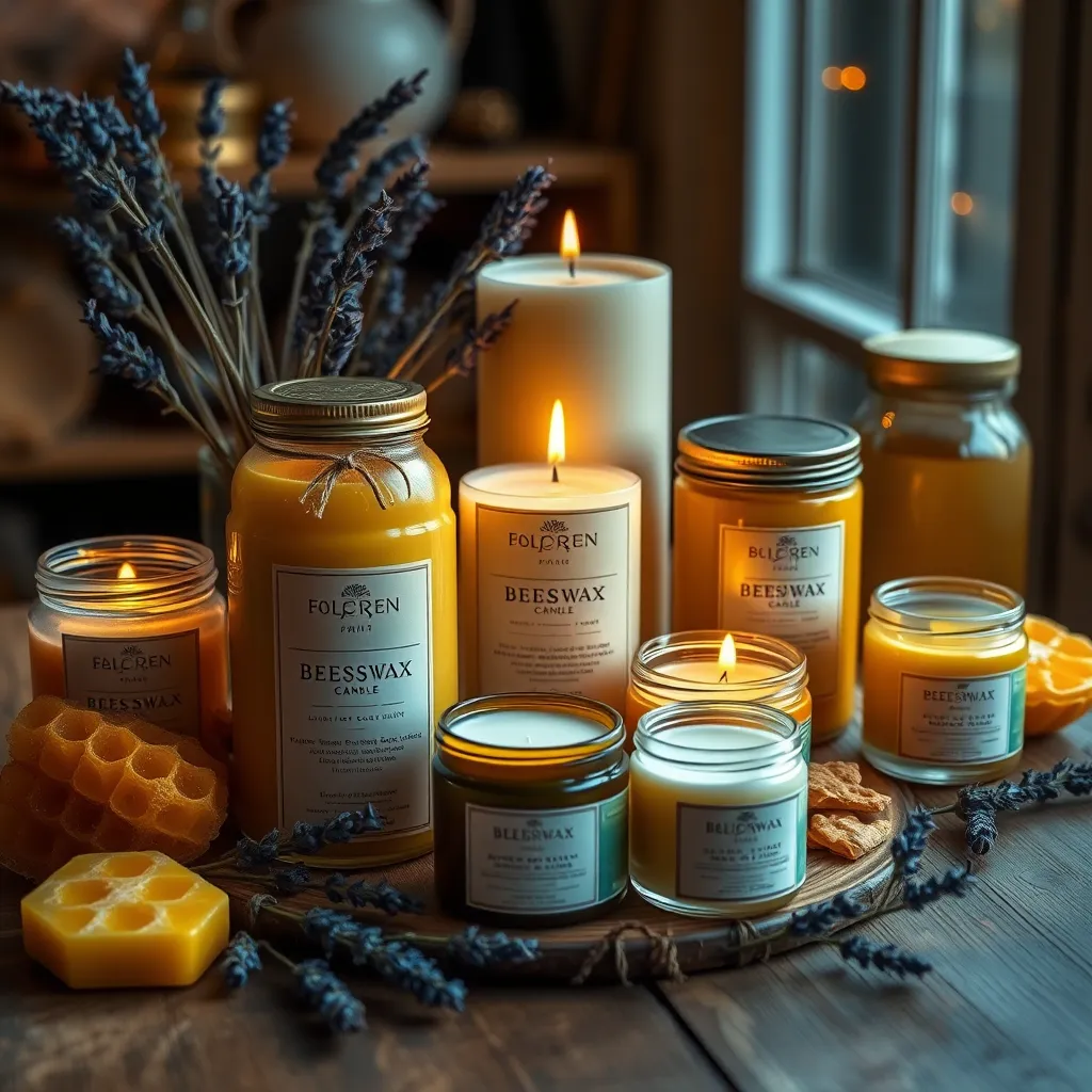 A beautifully arranged selection of beeswax candles and skincare balms in jars, displayed on a wooden table, surrounded by natural elements like lavender sprigs and honeycomb, with warm, cozy lighting.