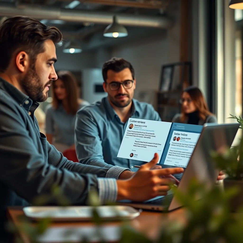 A business owner analyzing customer reviews on a laptop, highlighting positive and negative feedback. The scene features a team brainstorming new ideas and implementing changes based on the insights from reviews. The image emphasizes the role of reviews in driving business growth and innovation.