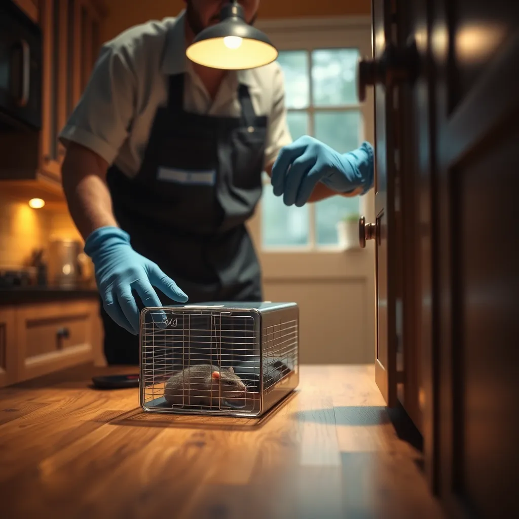 A captivating image depicting a pest control technician setting up a humane trap for a rodent. The technician is wearing a professional uniform and gloves, carefully positioning the trap in a discreet corner of a kitchen. The background features a classic kitchen setting with warm lighting, emphasizing the cleanliness and professionalism of the service. The trap is a modern, sleek design, highlighting the advanced methods used by AGJ Pest Management. The image focuses on the detail of the trap and the technician's hands, emphasizing the meticulous nature of the work. The image should be rendered in 8K resolution with a hyperrealistic style, showcasing the texture of the trap's materials and the subtle details of the technician's hands. The overall mood should be calm and reassuring, reflecting the company's commitment to safe and humane pest control practices.