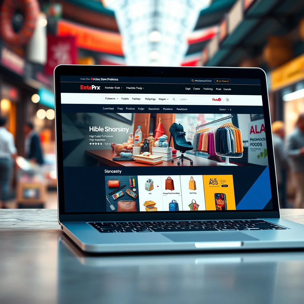 A captivating image of an online store homepage displayed on a sleek laptop. The image captures a vibrant and engaging online shopping experience, showcasing a diverse selection of high-quality products and captivating visuals. The website layout is clean, user-friendly, and optimized for seamless navigation and purchase. The image emphasizes the website's ability to showcase products effectively, with detailed product descriptions, high-resolution images, and customer reviews. The background features a soft, blurred image of a bustling marketplace, conveying the dynamism and excitement of online shopping. Render this image in a photorealistic style with 8K resolution, capturing the intricate details of the website design and creating a visually compelling and immersive online shopping experience.