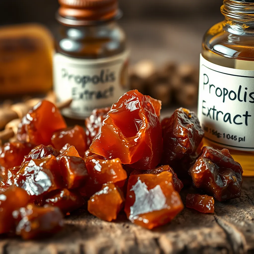 A close-up, high-resolution image of chunks of dark brown propolis resin on a wooden surface, next to herbal extracts and a glass vial label 'Propolis Extract', with soft natural lighting to emphasize the rich color and texture of the propolis.