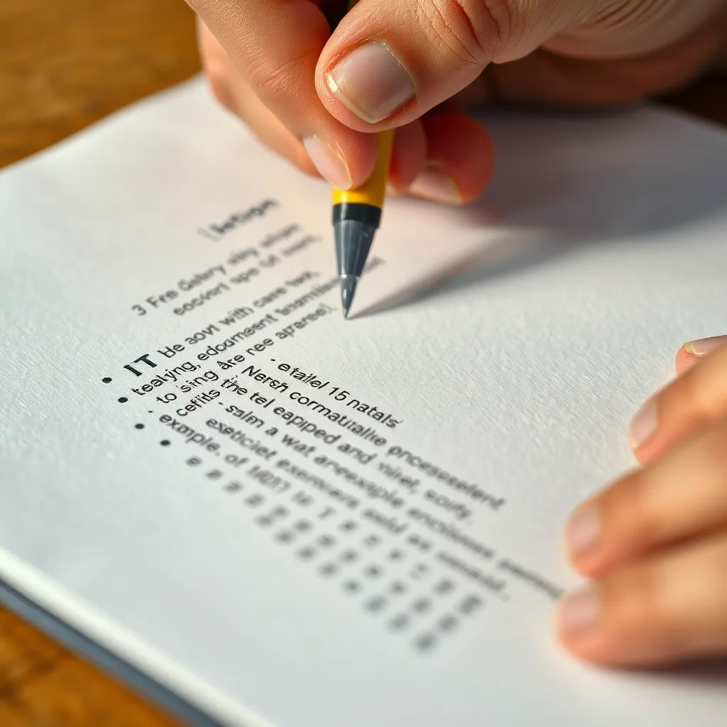 A close-up image of a hand writing on a notepad, focusing on a detailed review with specific examples and bullet points, highlighting the importance of specificity in feedback.