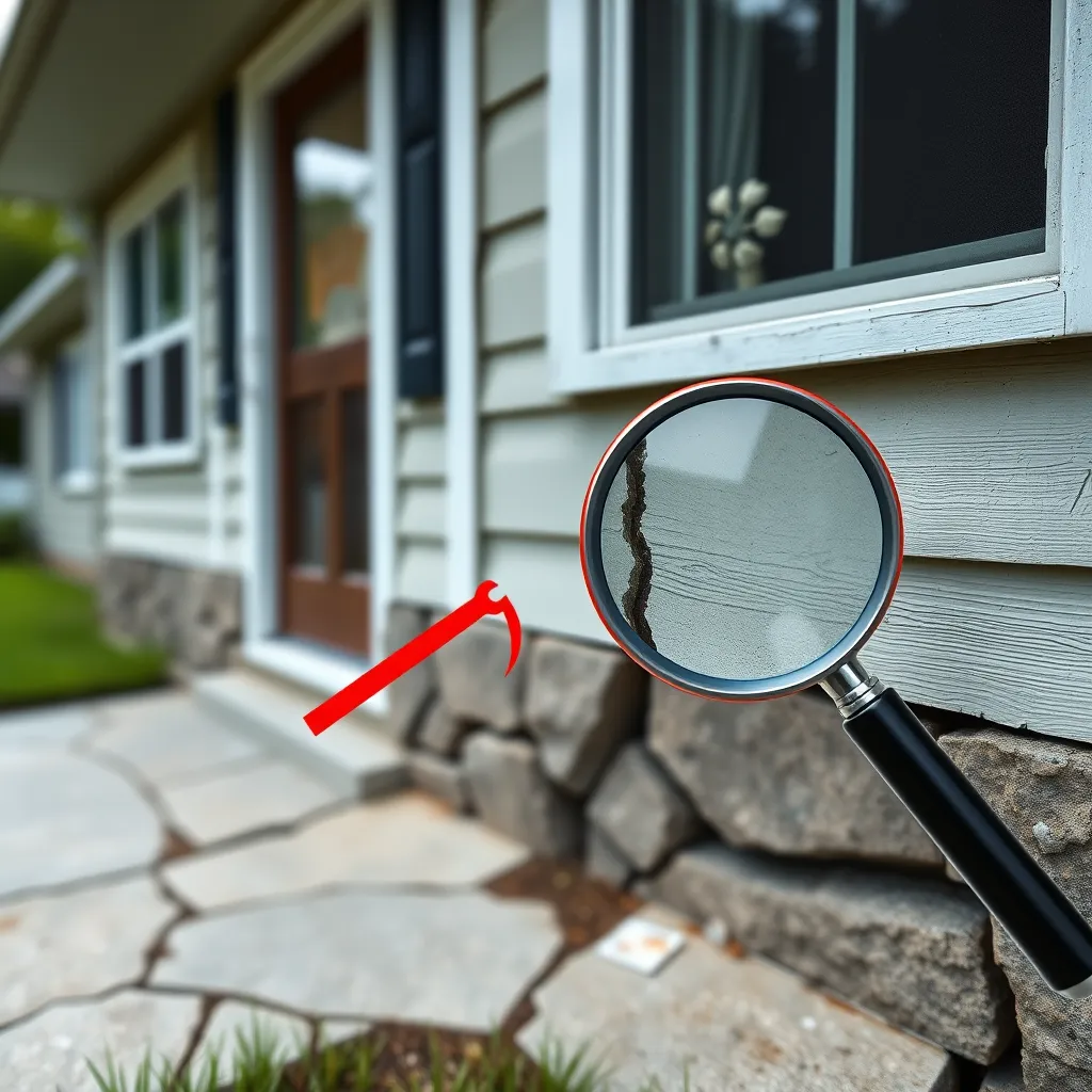 A close-up image of a home's exterior with cracks and gaps in the foundation, windows, and doors. The cracks should be highlighted with a red outline and a magnifying glass pointing to one of the cracks.  The background should be a blurred image of a suburban home with green grass.