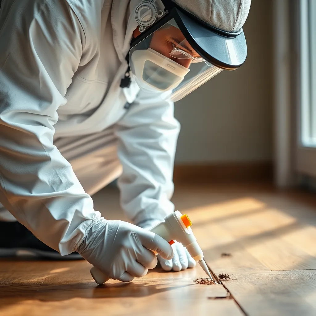 A close-up image of a pest control technician in a white uniform, wearing protective gear, carefully applying a pesticide to a crack in a wooden floor. The scene should be lit with natural light, highlighting the professional's focus and precision.