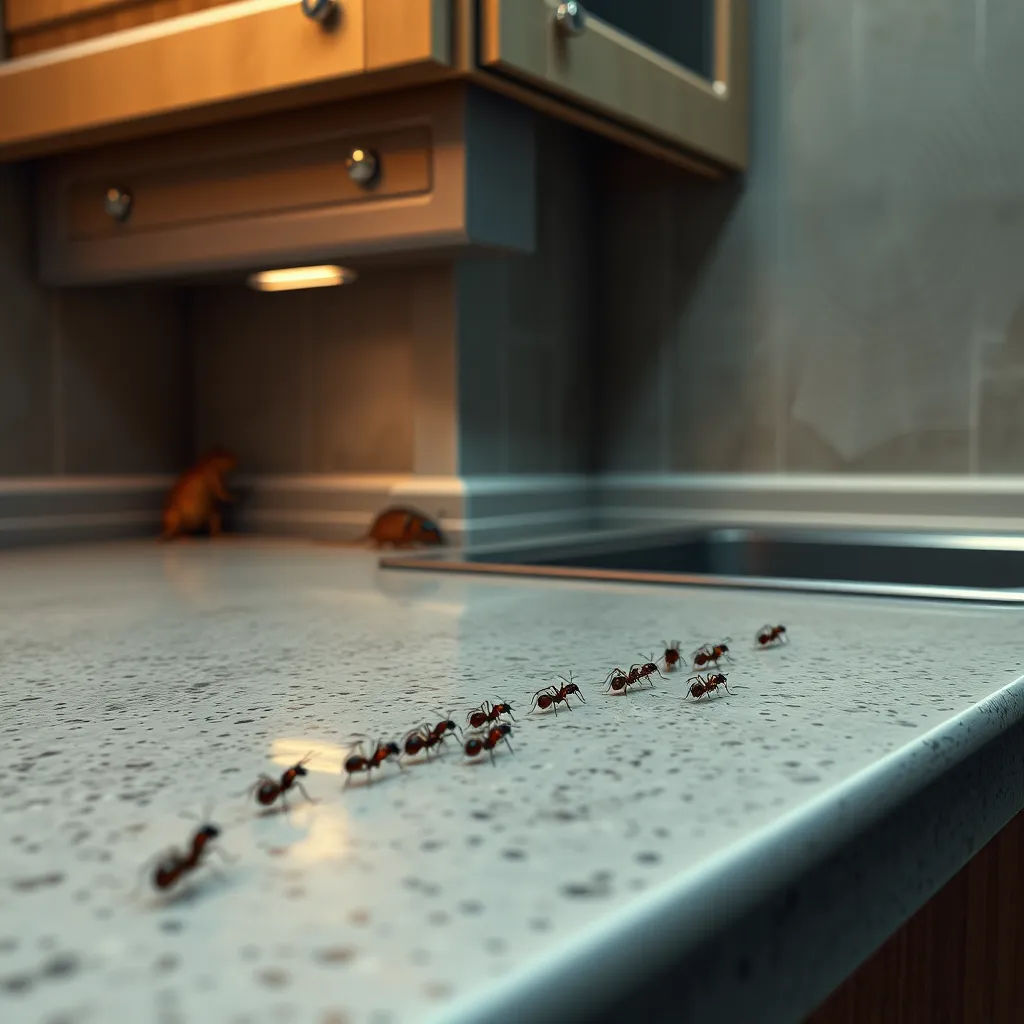 A close-up photorealistic image of a kitchen countertop with a small trail of ants marching across it, a cockroach hiding under a cabinet, a mouse peeking out from behind a baseboard, and a spider web in a corner, all in a realistic setting.