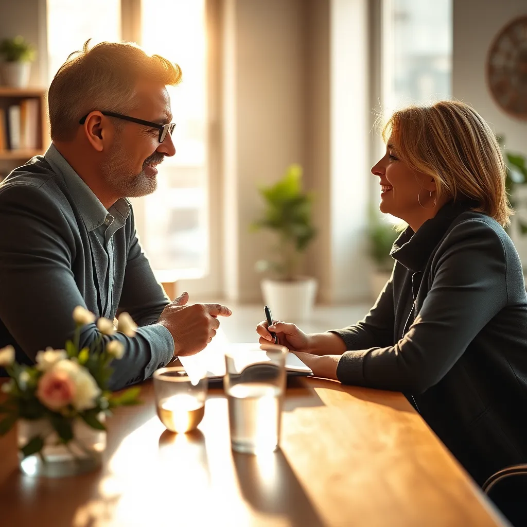A close-up shot of a coach and client sitting at a table, bathed in warm, natural light streaming through a large window. The coach is holding a notebook with handwritten notes and a pen, their expression thoughtful and encouraging. The client is leaning forward, engaged in conversation, their face illuminated by a soft smile.  The table is adorned with a simple, elegant floral arrangement and a glass of water, adding a touch of sophistication. The background is a blurred, minimalist office space with bookshelves and plants, creating a serene and professional atmosphere. The image should be captured in 8K resolution, hyperrealistic, and with meticulous attention to detail, showcasing the depth and warmth of the coaching relationship.  The overall mood should be one of trust, empowerment, and growth, evoking a sense of hope and optimism.