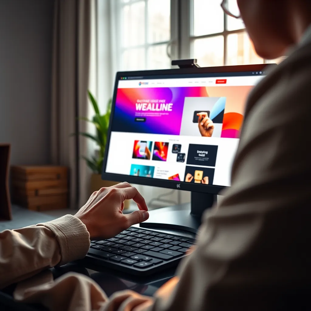 A close-up shot of a designer's hands meticulously working on a website mockup on a high-resolution monitor. The room is filled with soft, natural light streaming in from a nearby window. The designer is wearing a stylish, modern outfit, reflecting a creative and professional atmosphere. The monitor displays a clean, minimalist website design with vibrant colors and captivating visuals, showcasing a harmonious blend of aesthetics and functionality. The image should exude a sense of creativity, innovation, and meticulous attention to detail, highlighting the craftsmanship involved in custom website design. Render this in a hyperrealistic style with 8K resolution, emphasizing the texture of the monitor screen, keyboard, and designer's hands.