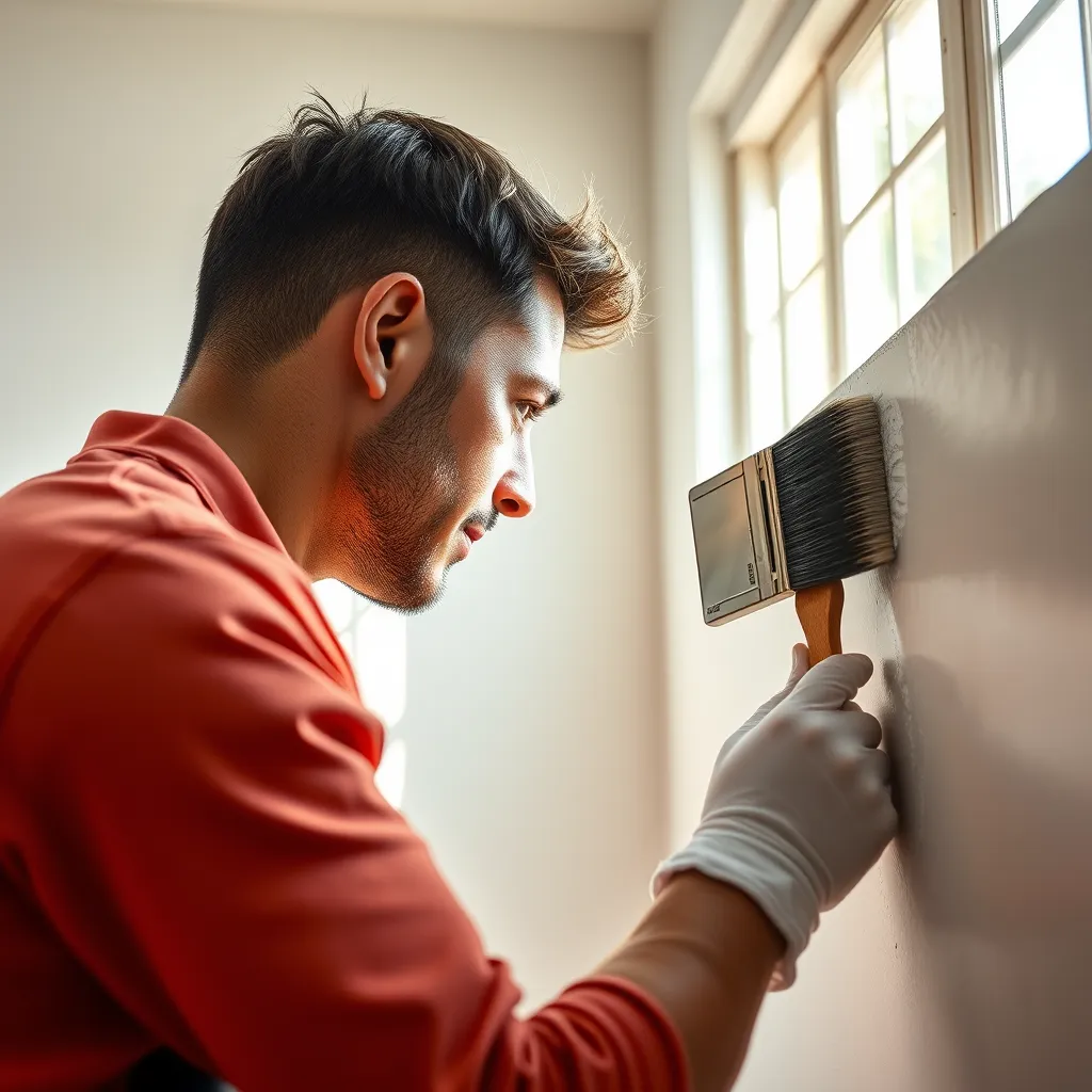 A close-up shot of a painter meticulously applying paint to a wall with a brush, showcasing the detail and precision of their work. The background should be a freshly painted room with natural light streaming through the windows, highlighting the smooth, even finish of the paint.