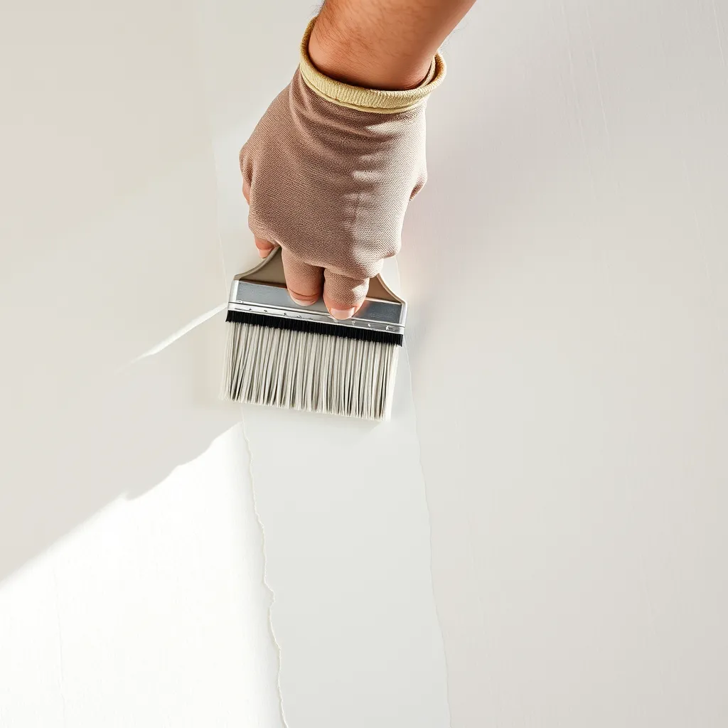 A close-up shot of a painter's hand skillfully applying a smooth coat of paint to a freshly plastered wall, showcasing the precision and care taken in the process. The background should be a clean, white wall with natural light streaming in, highlighting the quality of the paint and the expertise of the painter.