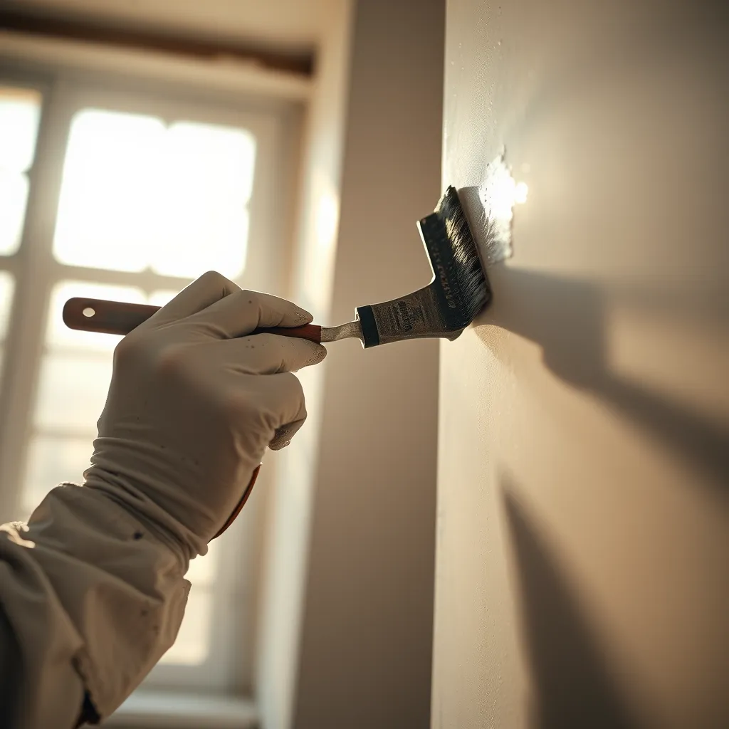 A close-up shot of a painter's hand meticulously applying paint to a wall, with the background blurred to focus on the detail. The painter is wearing a paint-splattered white shirt and gloves, with a bright, sunny window in the background, showcasing the quality of the work.