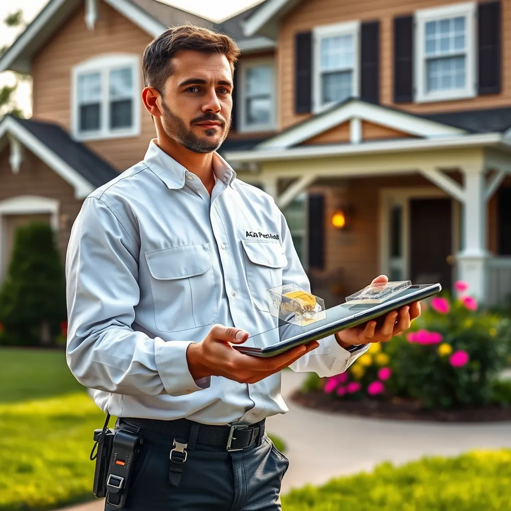 A close-up shot of a pest control technician in a crisp, clean uniform, confidently inspecting a home's exterior. The technician holds a tablet, showcasing a 3D model of the house with highlighted areas indicating potential pest entry points. The background features a beautiful suburban home with manicured lawns and vibrant flowers. The lighting is soft and natural, highlighting the detail in the technician's equipment and the home's architecture. The image evokes a sense of safety and security, emphasizing the professional and effective nature of AGJ Pest Management's services. The image should be rendered in an 8K resolution with hyperrealistic detail, showcasing the intricate textures of the technician's uniform, the wood grain of the home's siding, and the delicate petals of the flowers. The overall mood should be calm and reassuring, instilling confidence in AGJ Pest Management's expertise and commitment to customer satisfaction. Style reference: a blend of National Geographic's photography style and cinematic realism.
