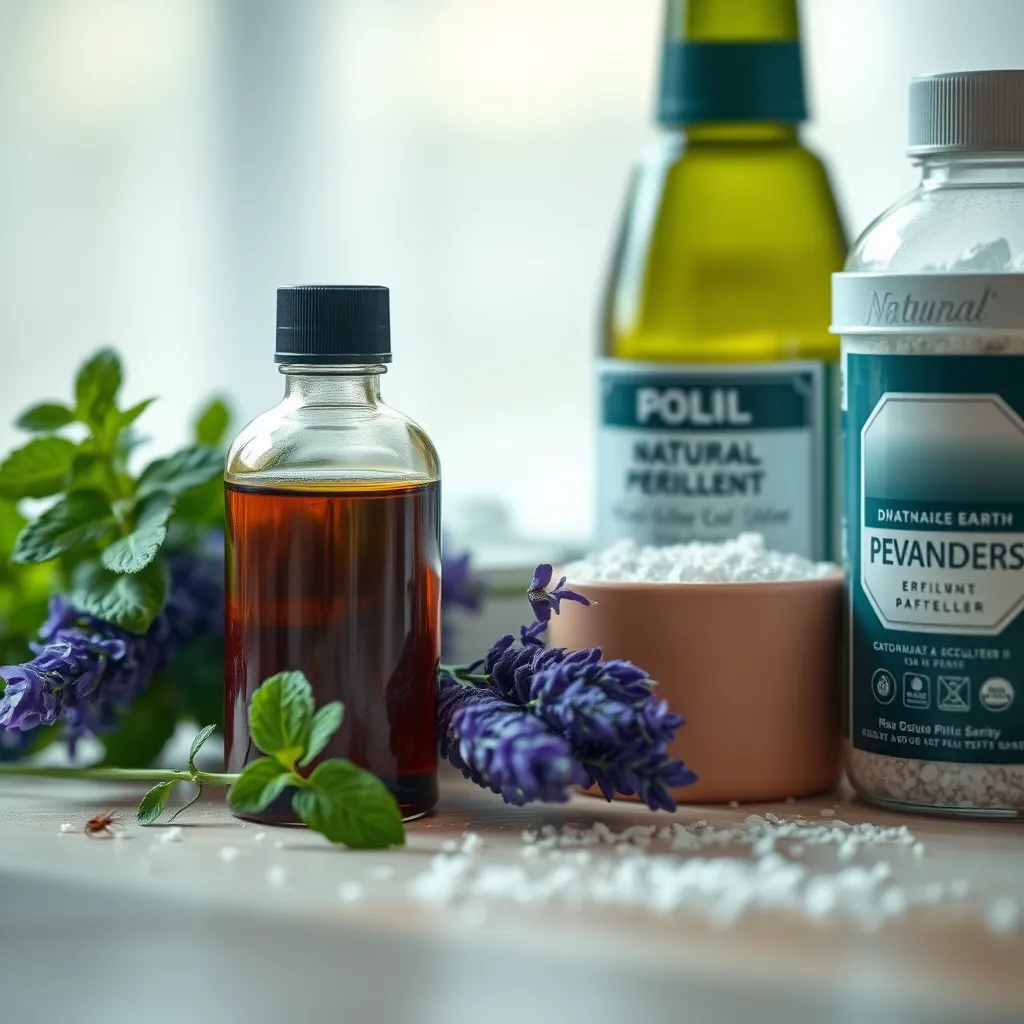 A close-up shot of a variety of natural pest repellents on a table, including a bottle of peppermint oil, a sprig of lavender, and a container of diatomaceous earth. The repellents are arranged in a visually appealing way, with a light and airy background.