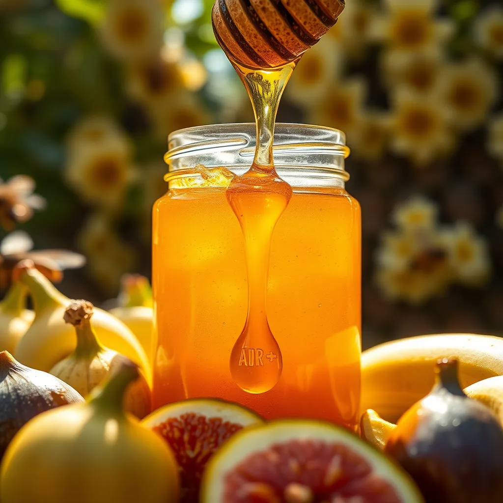 A close-up view of a jar of golden honey, with a honey dipper dripping thick honey over fresh fruits like figs and bananas, surrounded by a natural setting of a flowering hive in the background, sunlight filtering through.