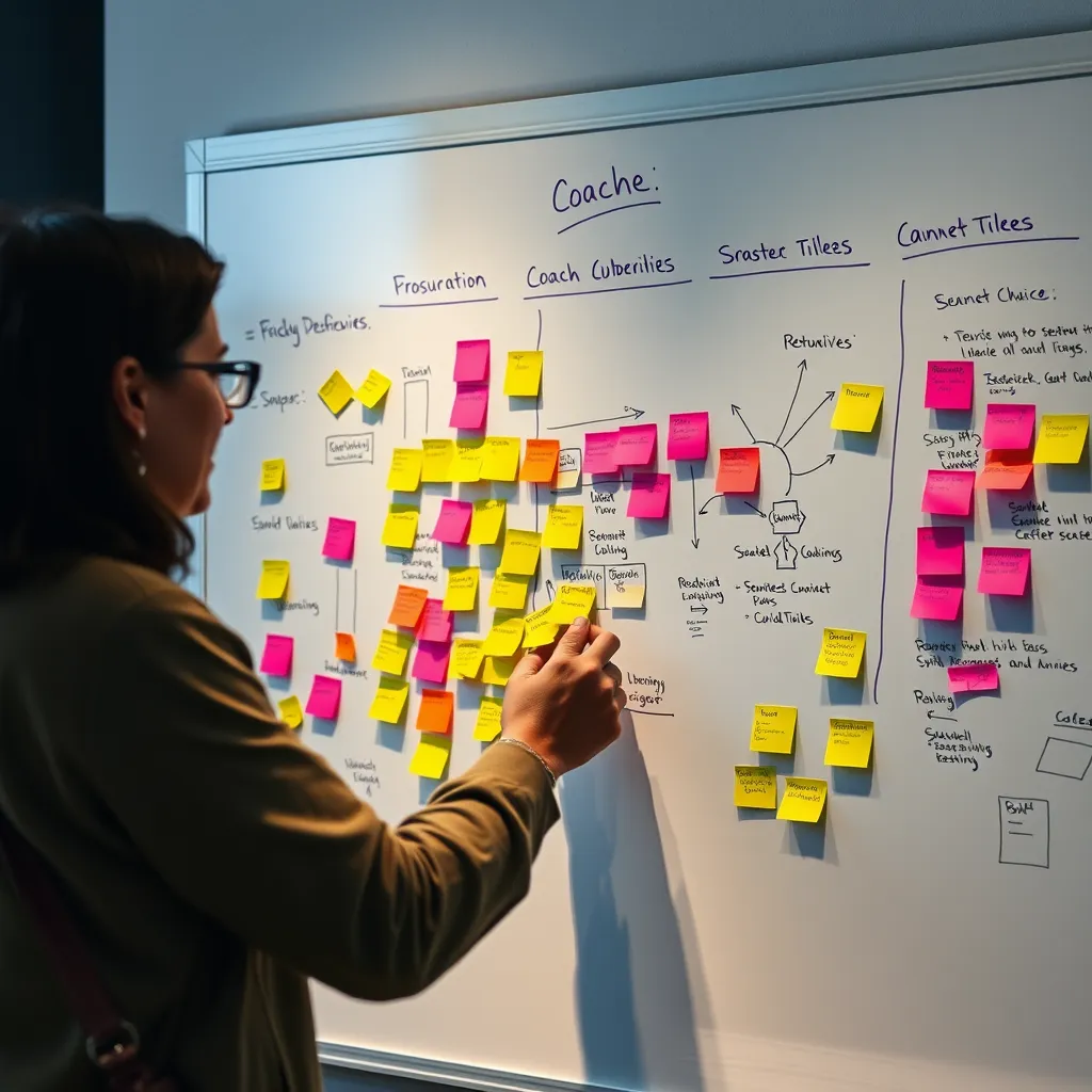 A coach and coachee working together on a whiteboard, brainstorming ideas and writing down goals. The whiteboard should be filled with colorful sticky notes and diagrams, representing a collaborative and dynamic process.