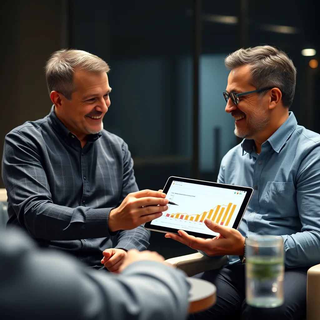 A coach providing positive feedback to a coachee, using a digital tablet to display a progress chart or graph. The coachee is smiling and nodding, indicating engagement and receptiveness to the feedback.